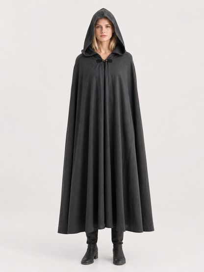 Adult Fantasy Hooded Cape, Long Dark Gray Cloak With Front Tie Closure, Wide