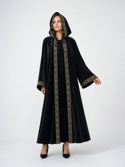 Black carnival cloak with hood and trim