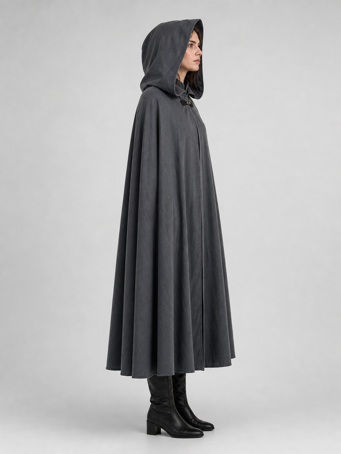 Adult Fantasy Hooded Cape, Long Dark Gray Cloak With Front Tie Closure, Wide