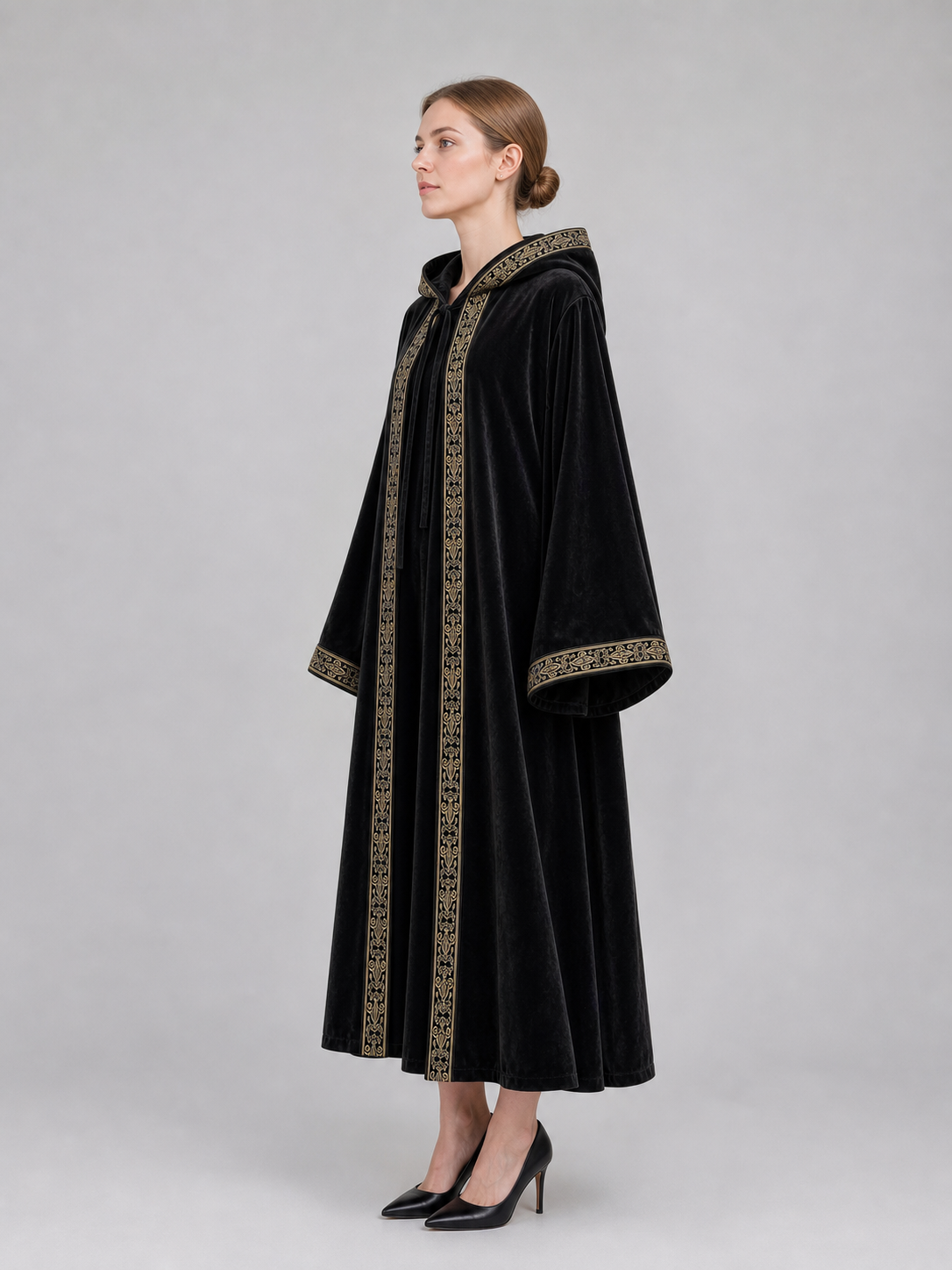 Black carnival cloak with hood and trim