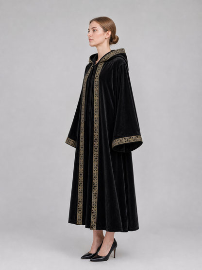 Black carnival cloak with hood and trim