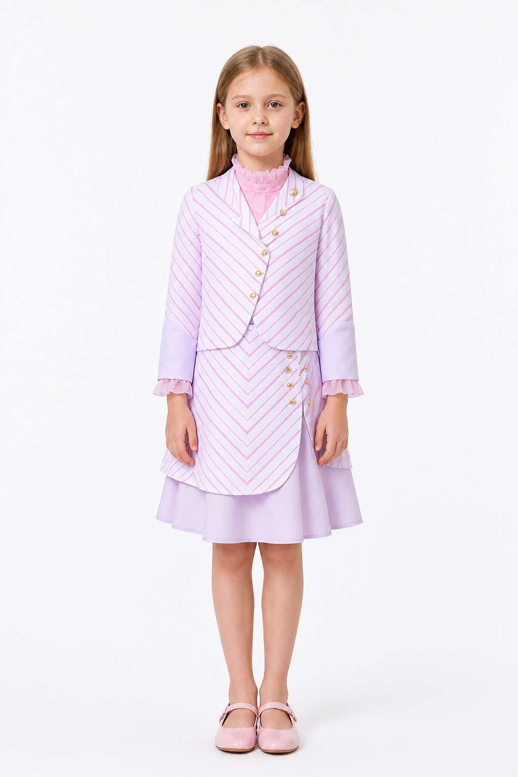 Kids Wicked Glinda Costume Set – 3 Piece Pink Striped Outfit with Gold Buttons main product view