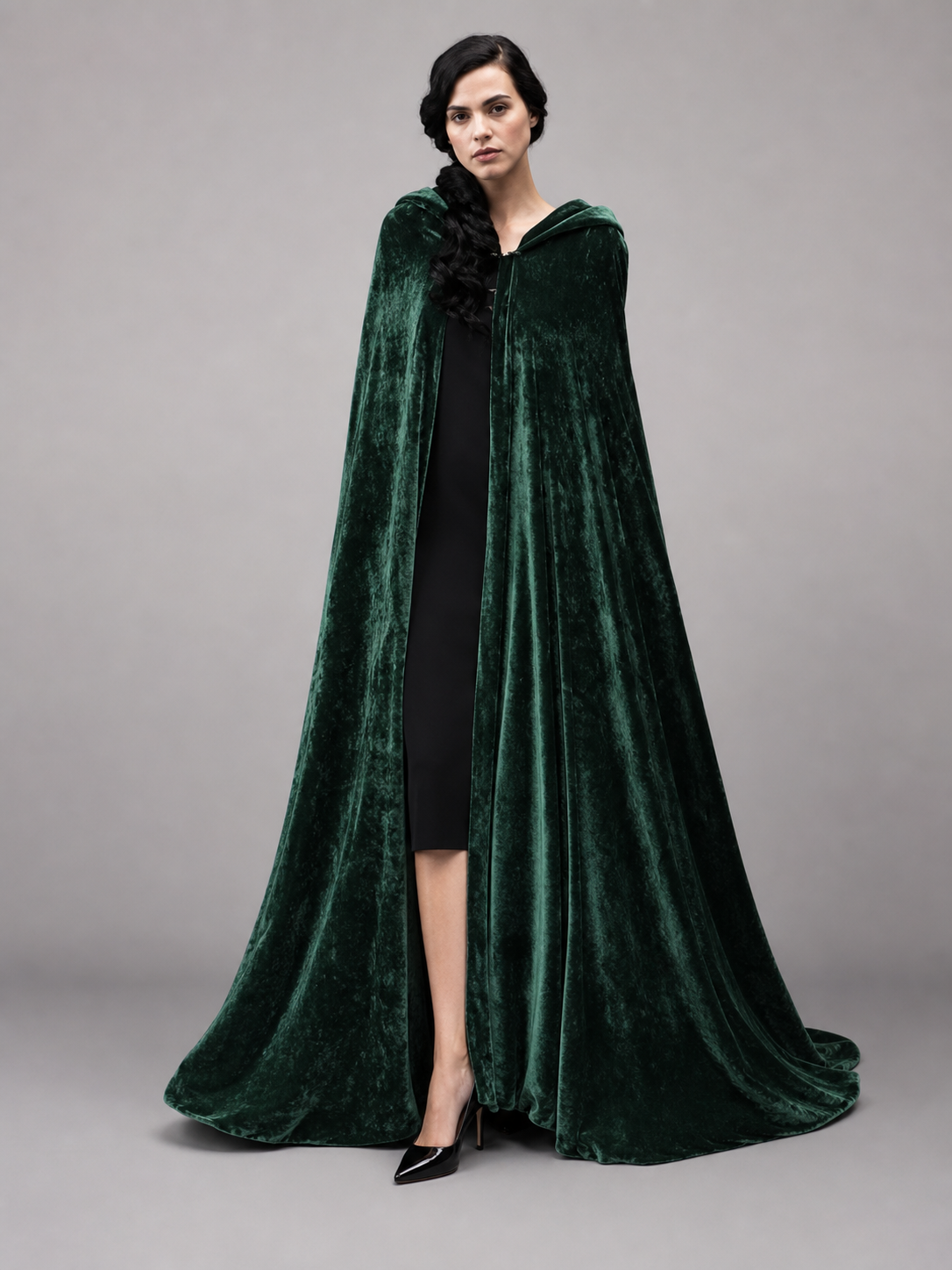 Dark green hooded velvet costume cape product view 43