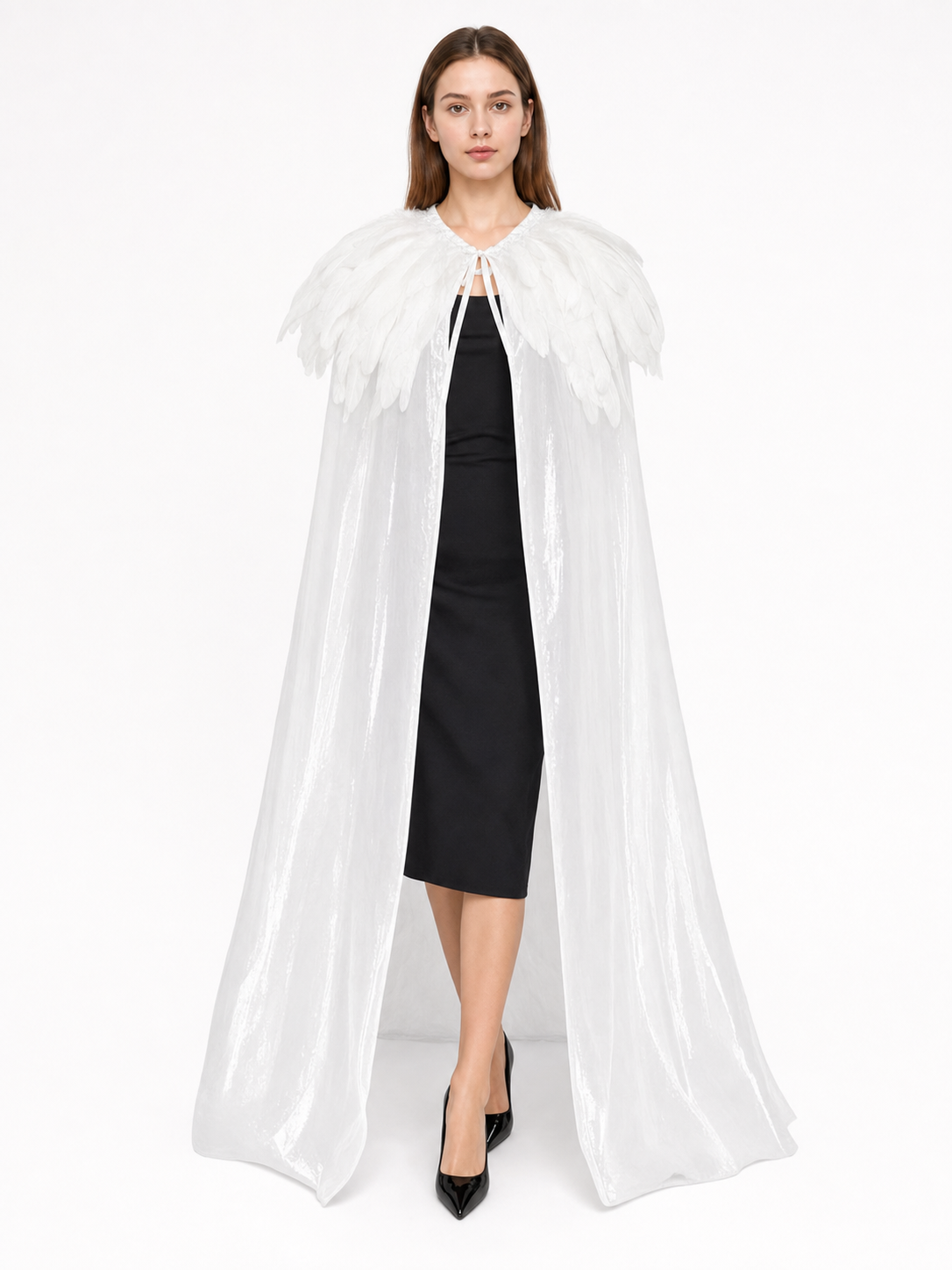 White Velvet Cape with Feather Trim, Maxi