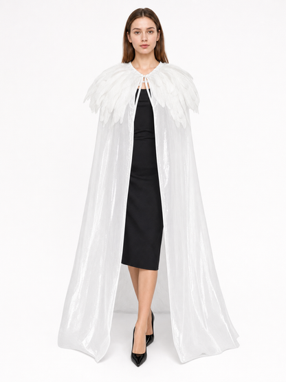 White Velvet Cape with Feather Trim, Maxi