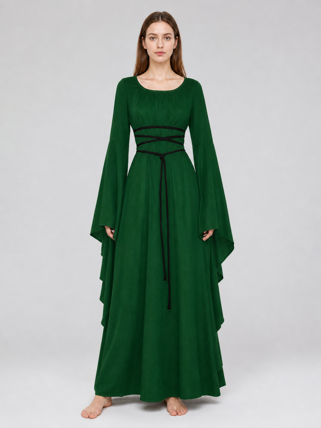 Long Dress with Sleeves and Waist Lacing