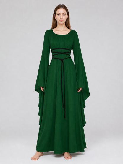 Long Dress with Sleeves and Waist Lacing