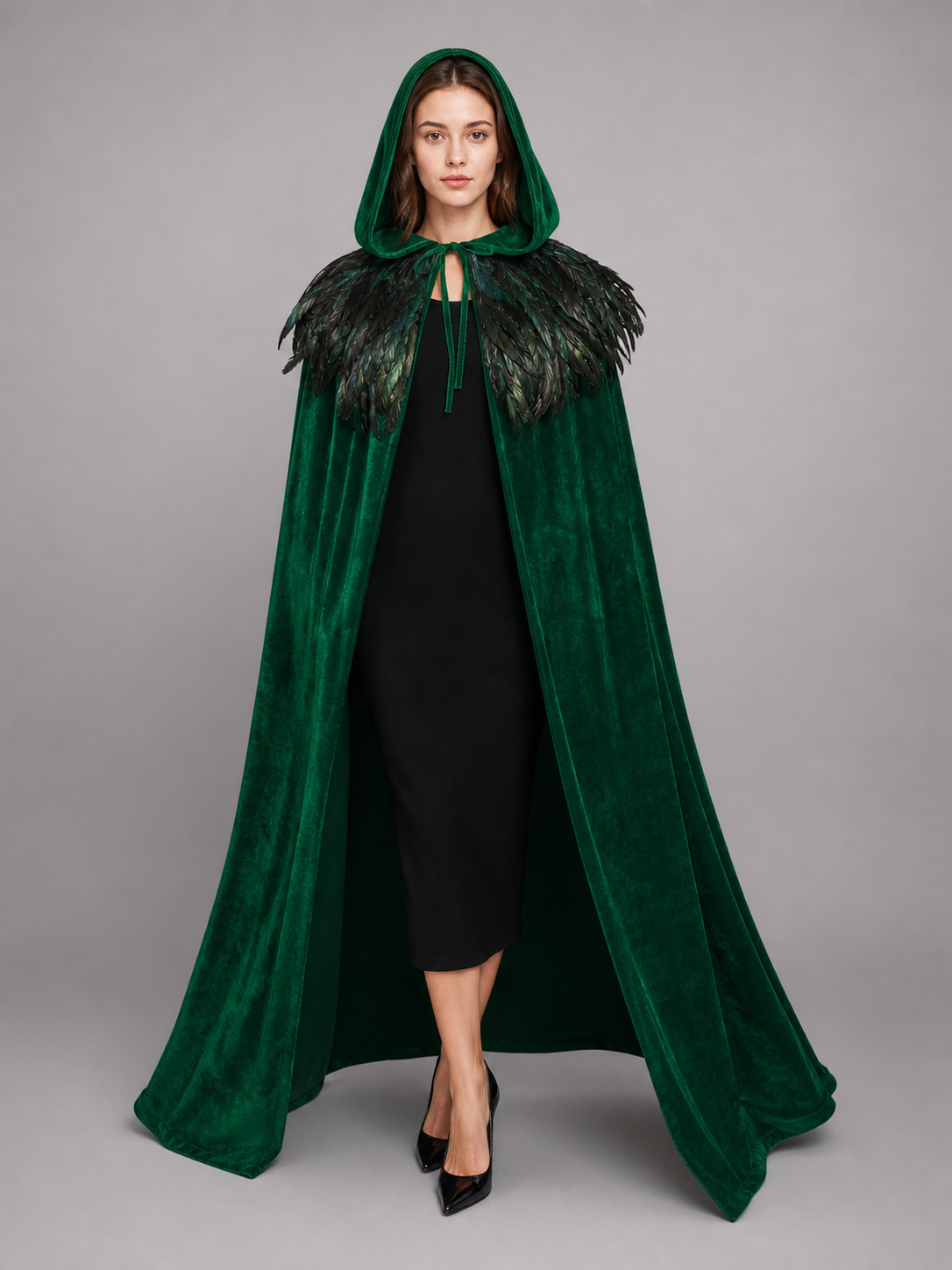 Green Hooded Velvet Feather Cape