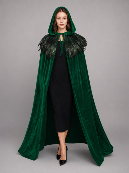 Green Hooded Velvet Feather Cape