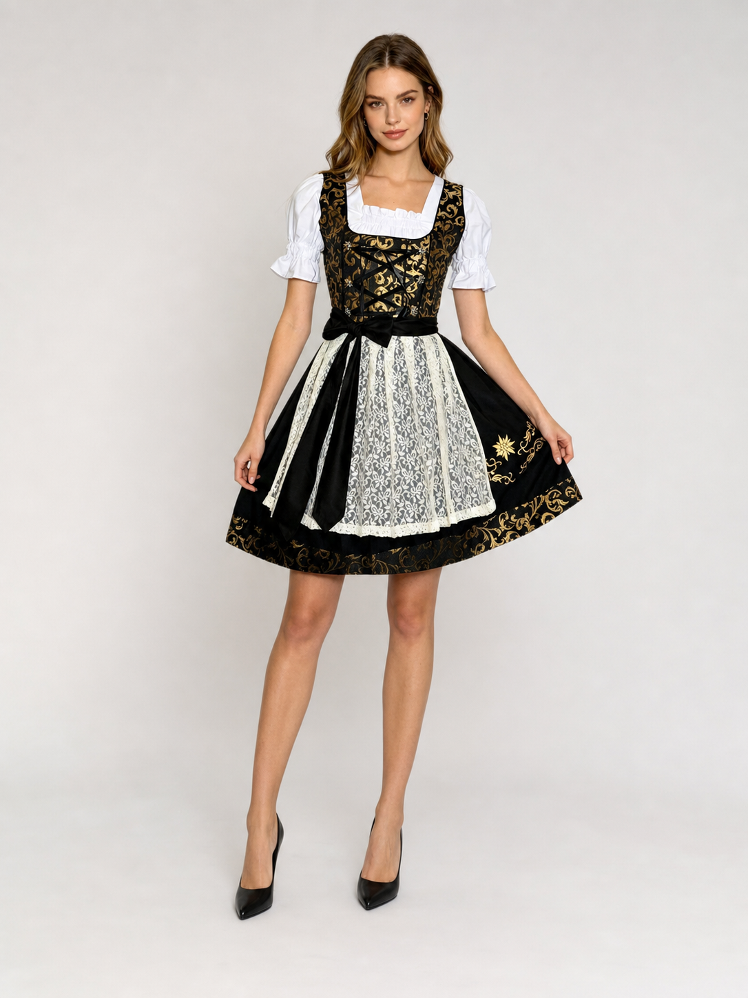 Dirndl Dress with Apron, Black and Gold, S–XXXL