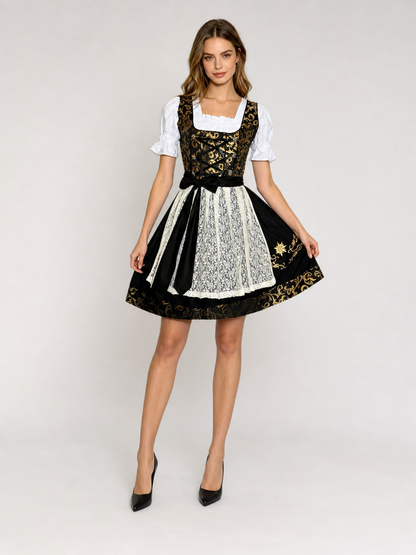 Dirndl Dress with Apron, Black and Gold, S–XXXL