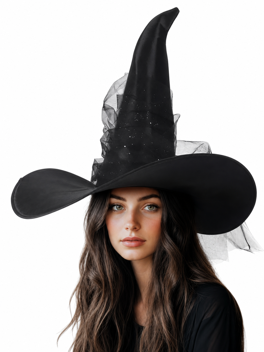 1pc Black Halloween Witch Hat Wide Brim Tall Pointed Wizard Cap with Mesh main product view