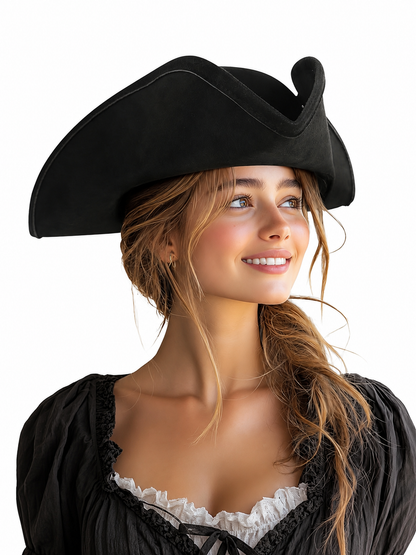 1pc Black Pirate Hat, Women's Three-Cornered Tricorn Costume Cap with Wide Curved Brim and Structured Crown for Cosplay, Halloween Parties and Themed Events