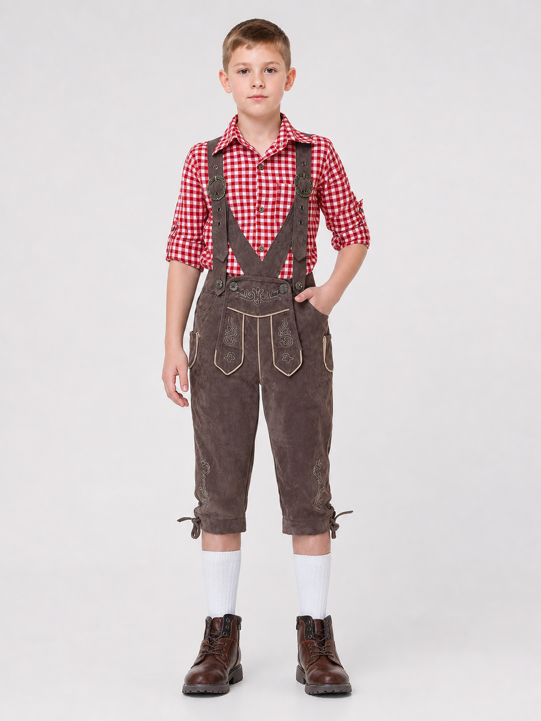 Alpine-style outfit: plaid shirt and pants