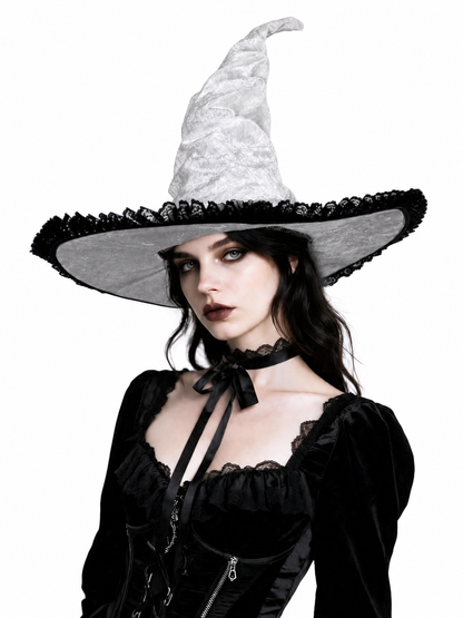 Light Gray White Halloween Witch Hat with Black Lace Trim, Tall Bent Pointed Crown and Wide Brim for Witch Cosplay Costume Party