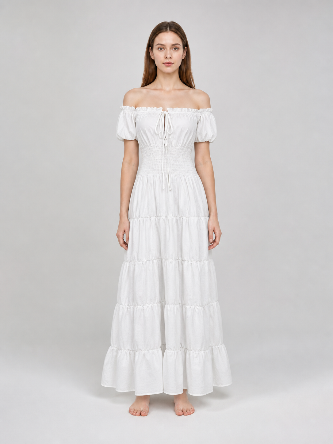 White Off-the-Shoulder Dress with Tiered Skirt
