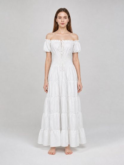 White Off-the-Shoulder Dress with Tiered Skirt