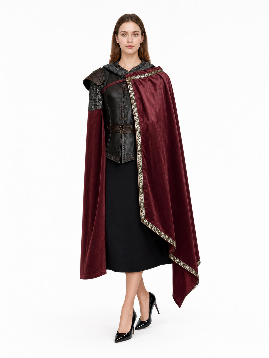 Burgundy cape with gold trim shown on a female model over a black dress and dark shoulder armor 2