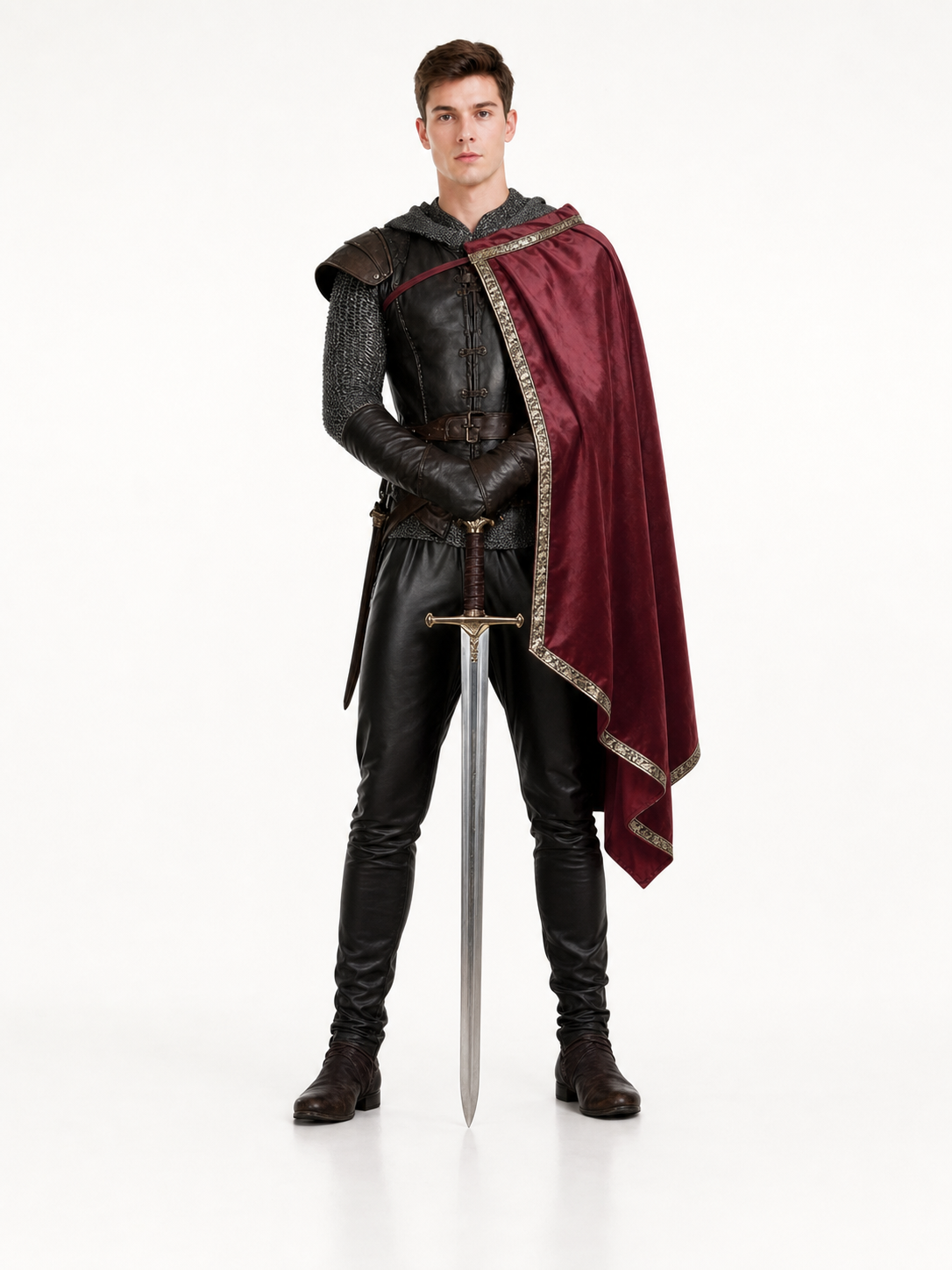 Burgundy cape with gold trim shown full-length on a male model wearing black armor, with his hands resting on a sword