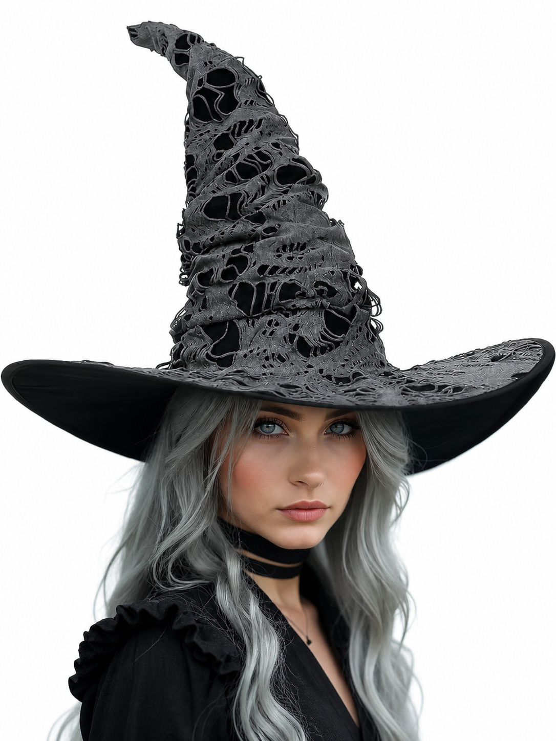 Gray Black Halloween Witch Hat For Women Wide Brim Curved Pointed Tattered Torn