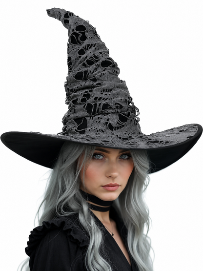 Gray Black Halloween Witch Hat For Women Wide Brim Curved Pointed Tattered Torn