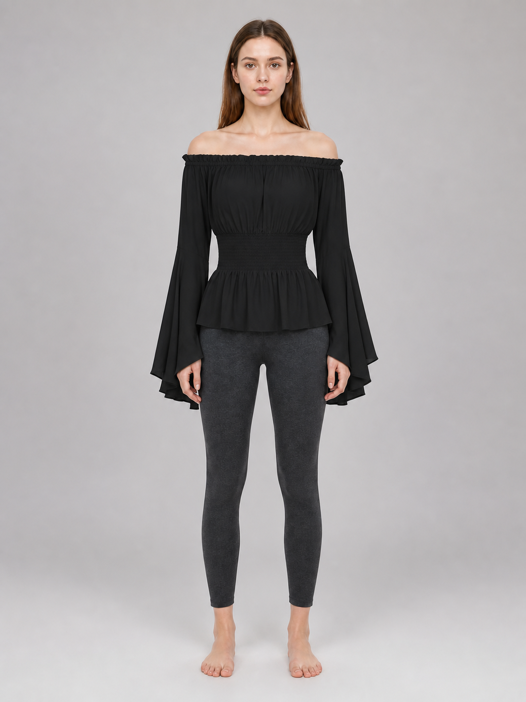 Black Off-the-Shoulder Blouse with Flared Sleeves