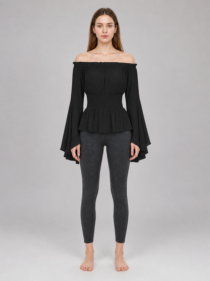 Black Off-the-Shoulder Blouse with Flared Sleeves
