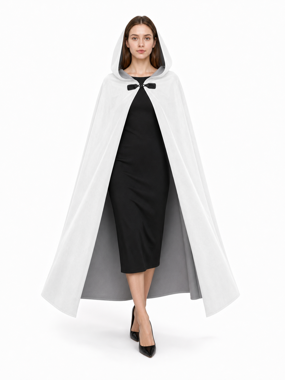 Full-Length White Hooded Cape with Oversized Hood and Black Bow Closure for Fantasy Medieval Cosplay and Stage Performances