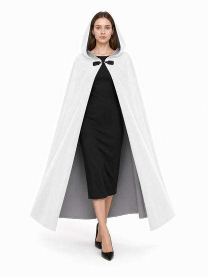 Full-Length White Hooded Cape with Oversized Hood and Black Bow Closure for Fantasy Medieval Cosplay and Stage Performances