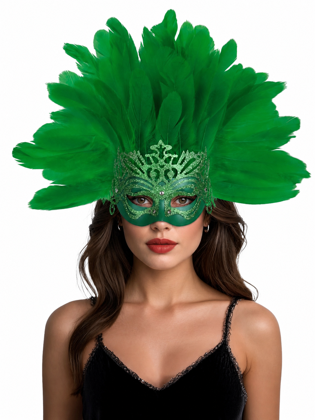 1pc Green Feather Mask, Large Feather Fan Shape, Cutout Eye Design, Elegant main product view 3