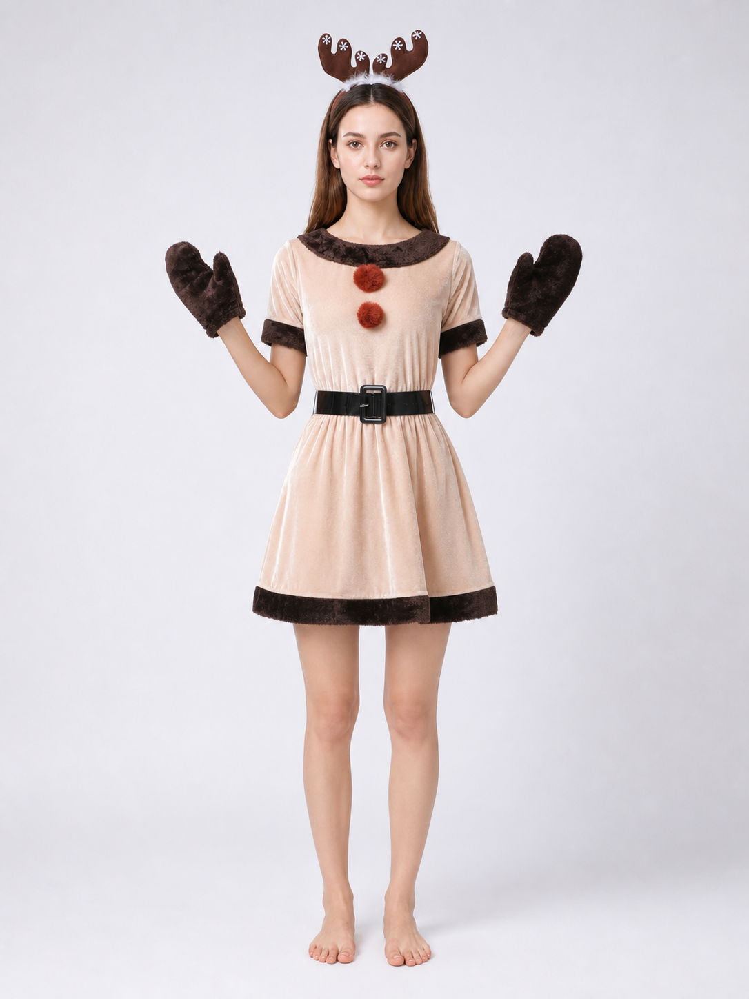Christmas Reindeer Costume: Dress, Headband, Belt, and Gloves