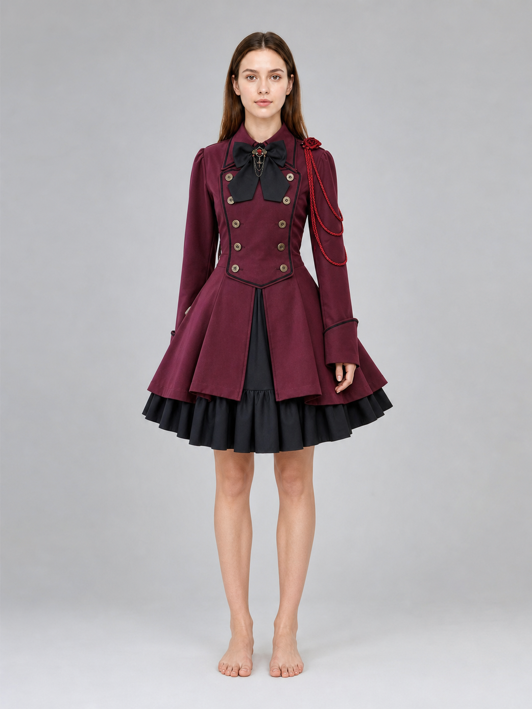Gothic burgundy dress with sleeves and a bow