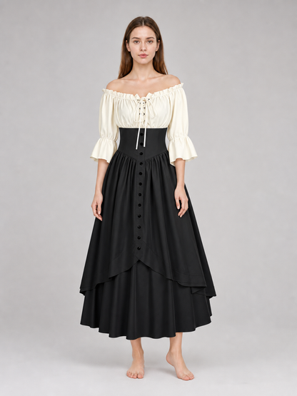 Vintage-style off-the-shoulder lace-up dress