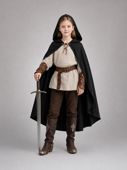 Black hooded cloak shown full-body on a child wearing a medieval-style outfit and holding a sword against a gray background