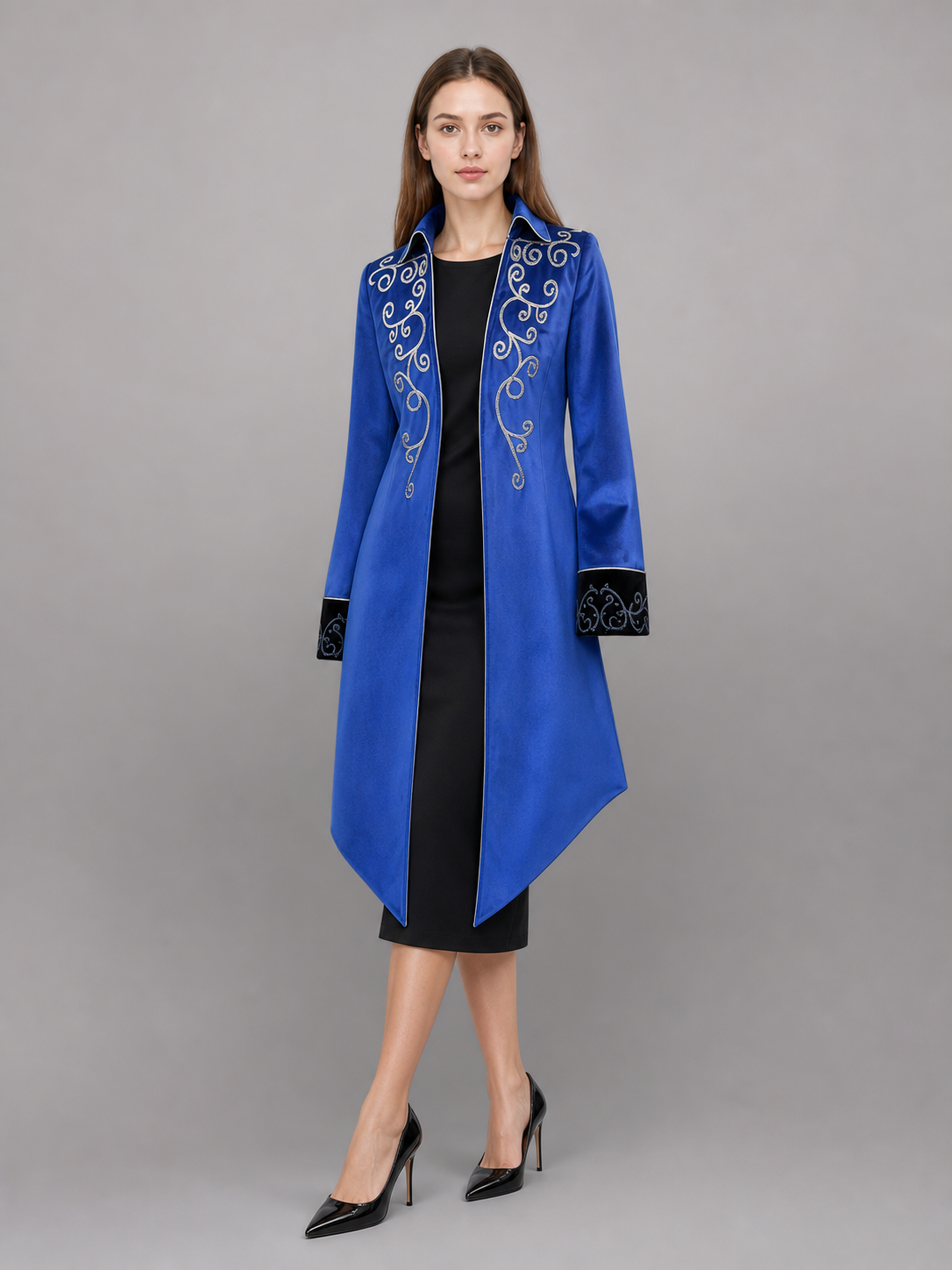 Long blue carnival cape with embroidery
