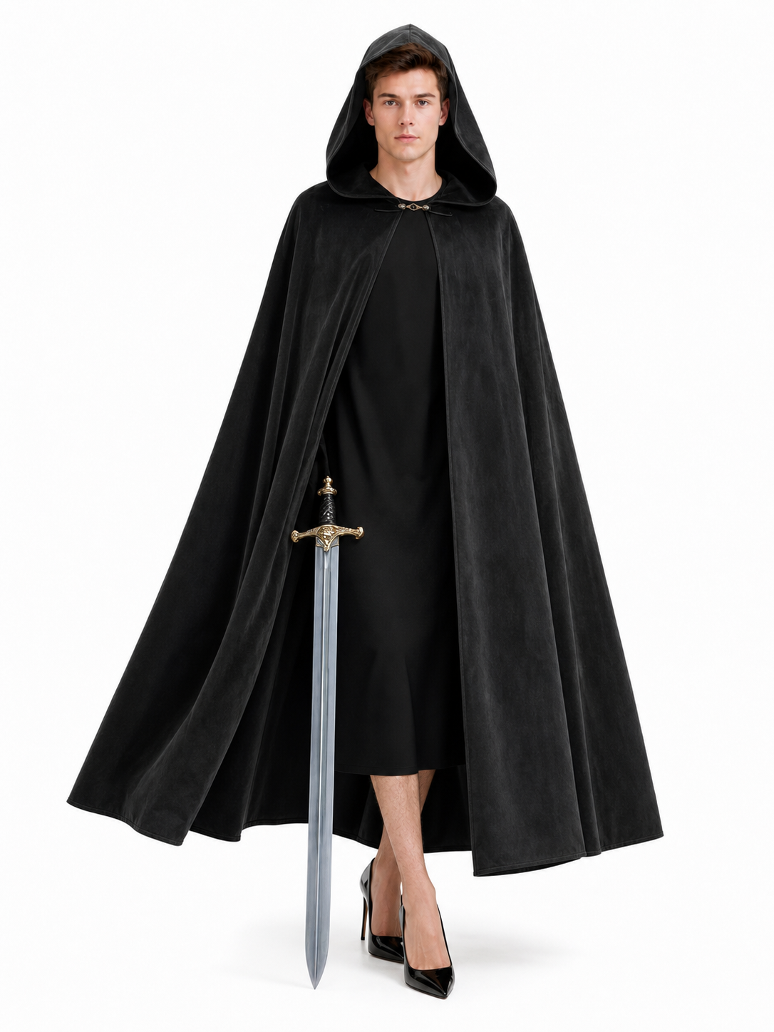 Long black hooded costume cloak