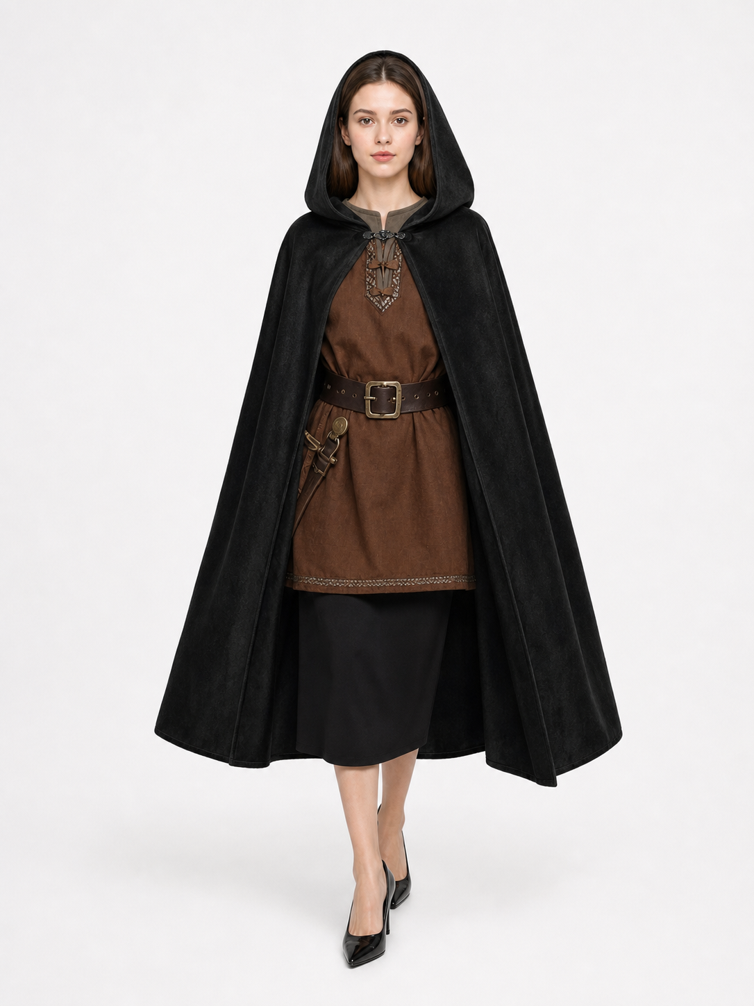 Black medieval hooded carnival cloak