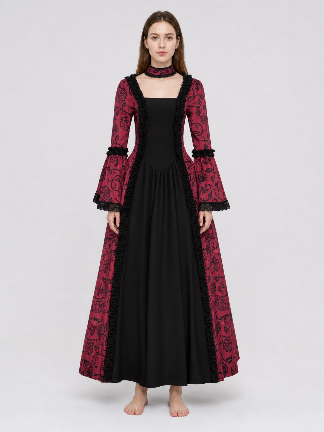 Women’s Gothic Medieval Court Costume Dress 2pcs Set With Neck Accessory, Red Black Scroll Print, Square Neck Long Sleeve Cosplay Outfit