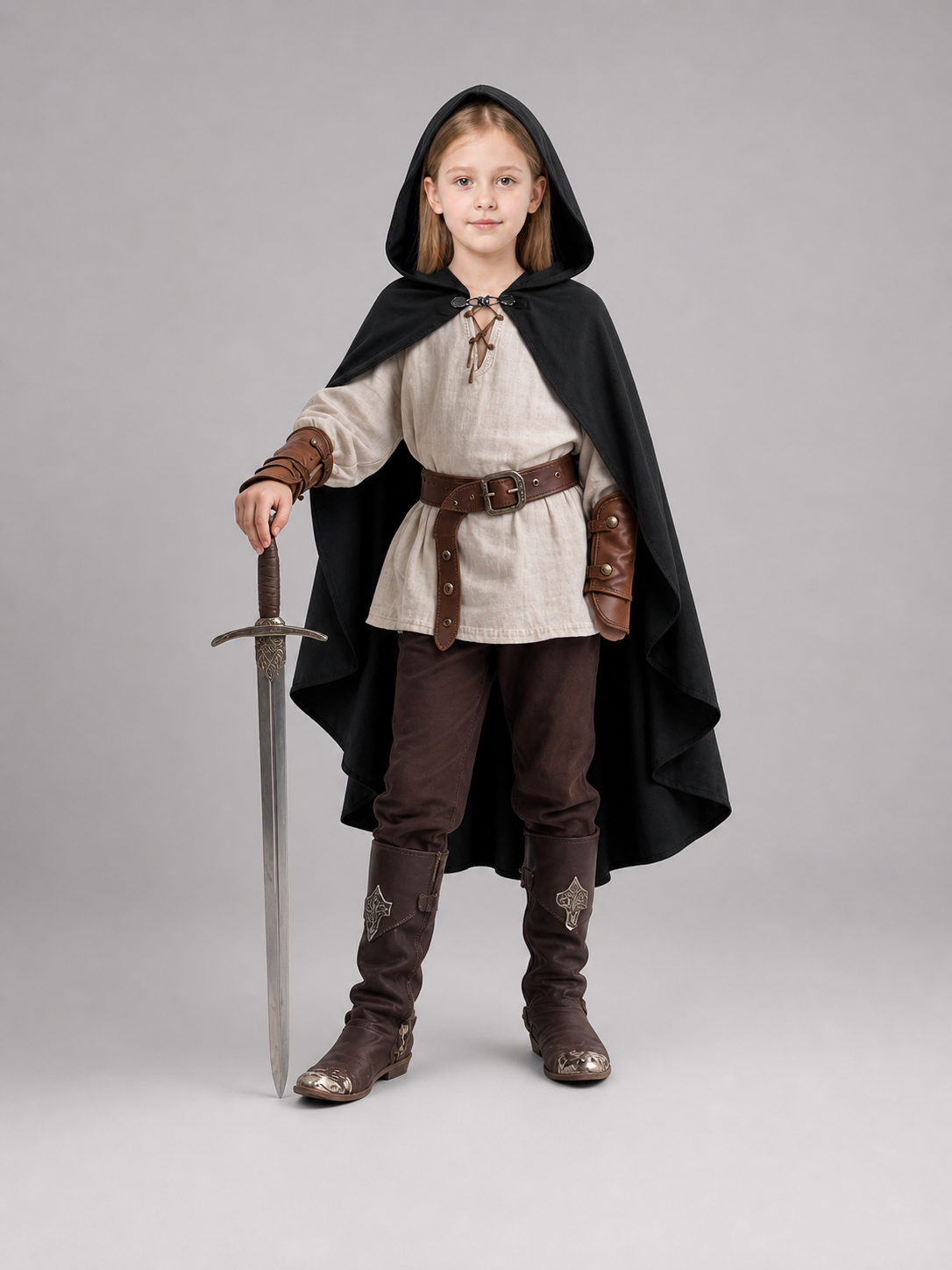 Black hooded cloak shown full-body on a child over a medieval-style outfit with a sword against a gray background