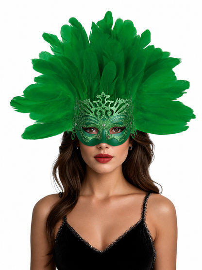 Feathered Headpiece with Mask for Masquerade
