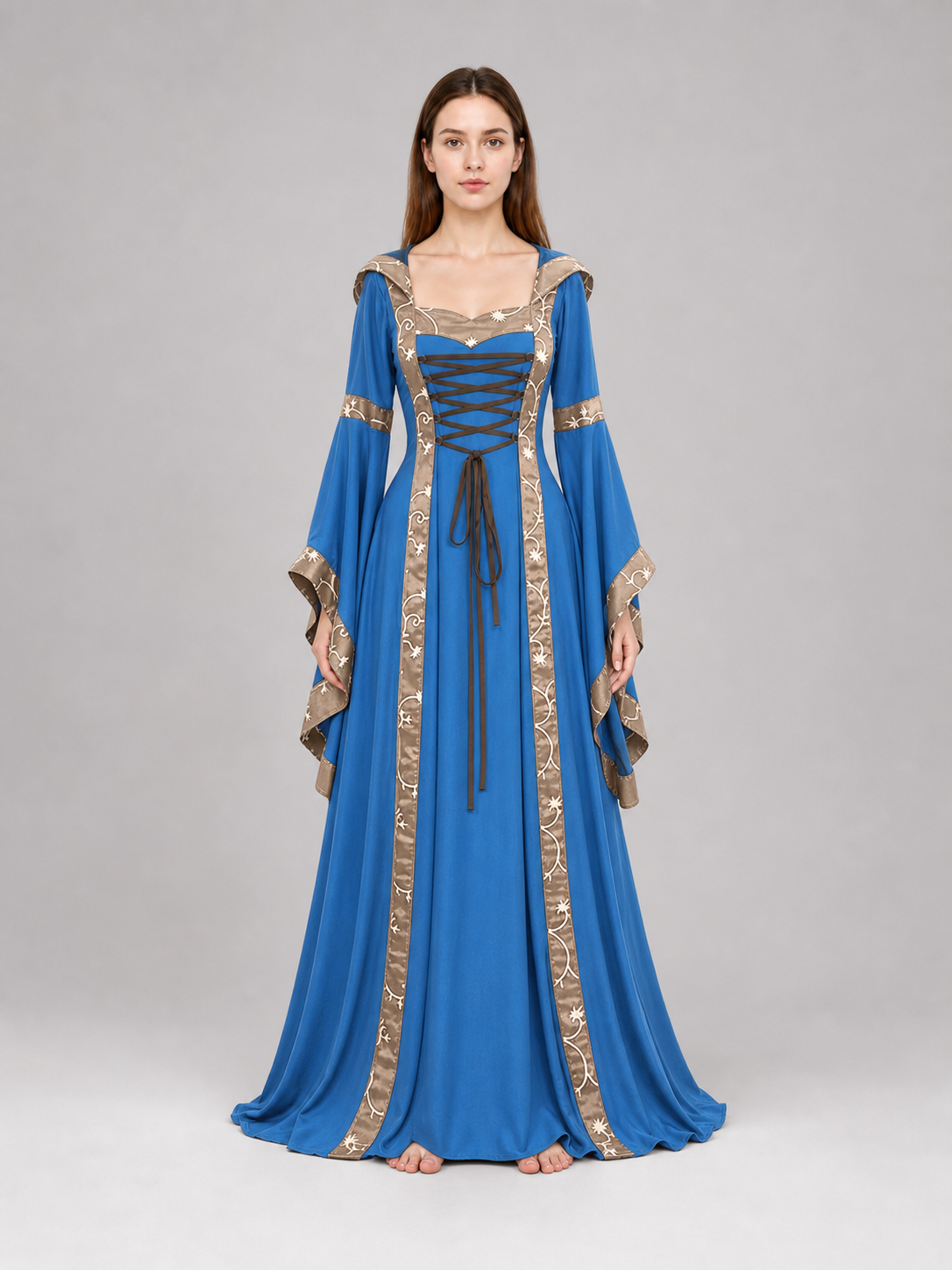 Medieval Hooded Dress with Lace-Up Detail