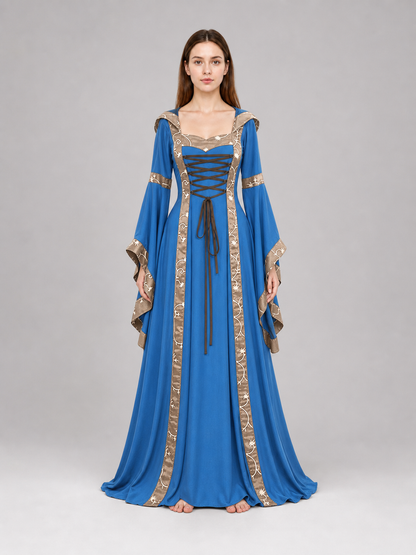 Medieval Hooded Dress with Lace-Up Detail