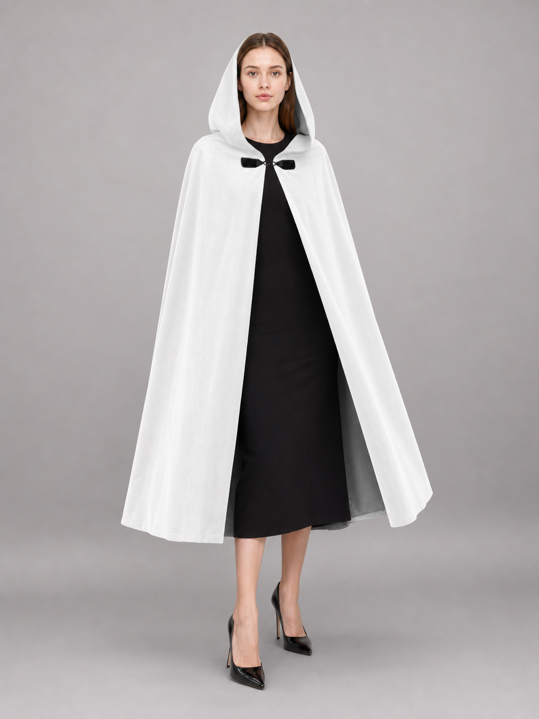 Medieval White Velvet Hooded Long Cloak Cape with Black Bow Tie Front Flared Hem main product view 4