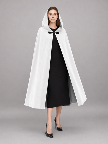 Medieval White Velvet Hooded Long Cloak Cape with Black Bow Tie Front Flared Hem main product view 4