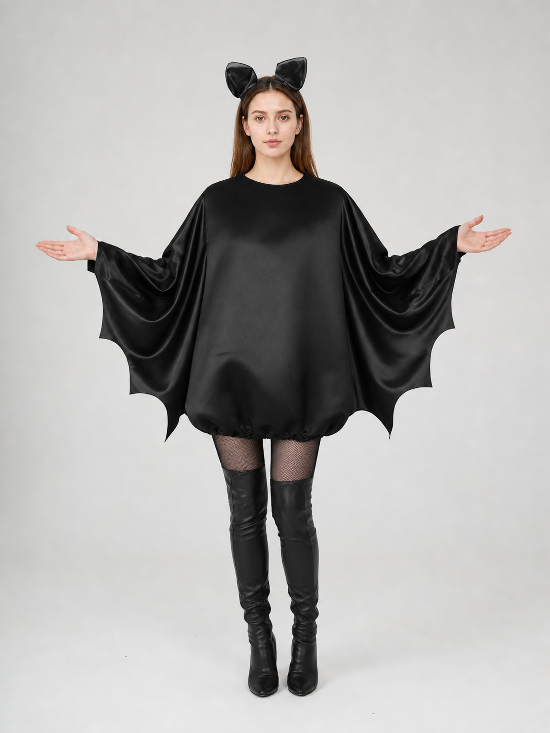 Black bat costume dress with a headband and ears for themed events. The design main product view 2