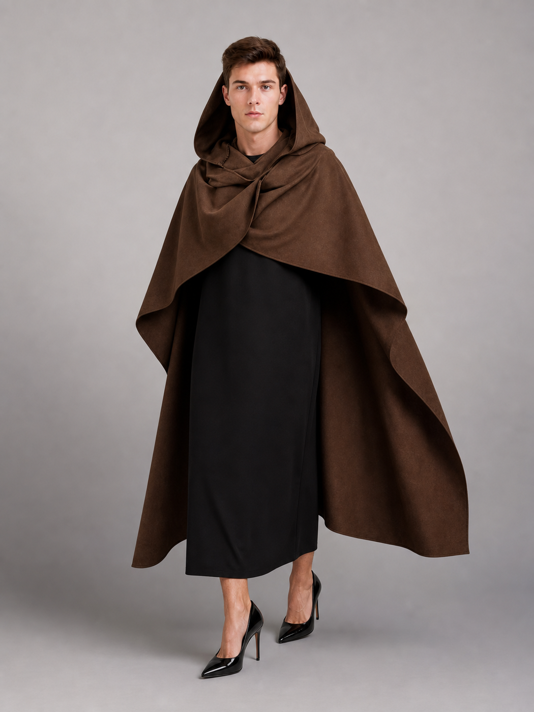 Medieval Fantasy Hooded Cloak, Deep Brown Long Draped Cape with Overlapping Front and Pointed Hem for Role Play, Stage Styling and Outdoor Wear