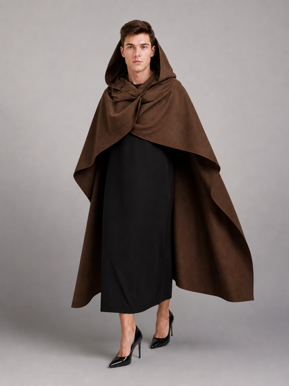 Medieval Fantasy Hooded Cloak, Deep Brown Long Draped Cape with Overlapping Front and Pointed Hem for Role Play, Stage Styling and Outdoor Wear