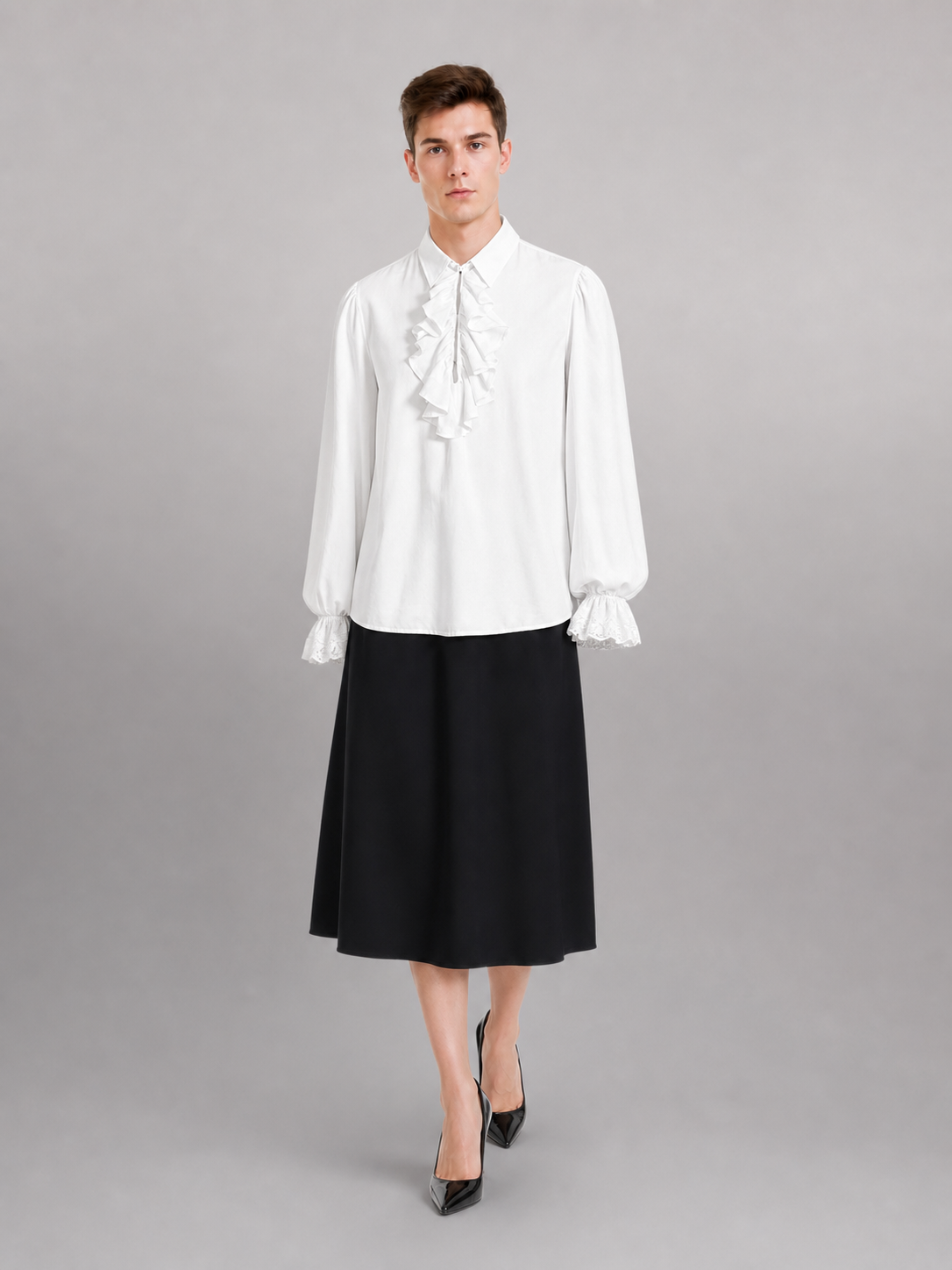 White Blouse with Jabot and Long Sleeves