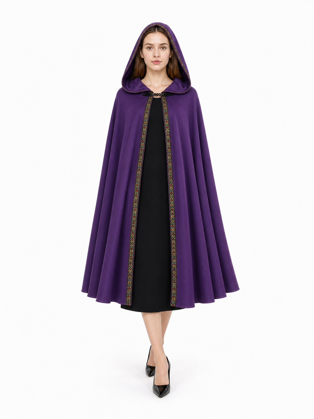 Purple hooded cape with patterned trim, shown full-length on a model over a black dress 3