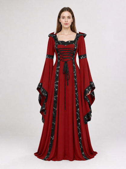 Gothic Medieval Hooded Dress with Lacing